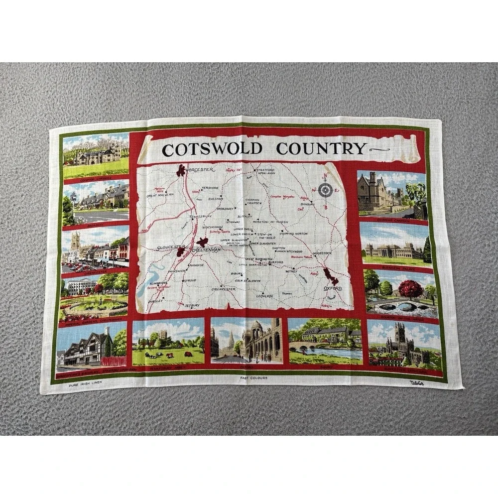 Vintage Ulster Cotswolds Country Kitchen Tea Towel Souvenir Map Crisp Linen MCM